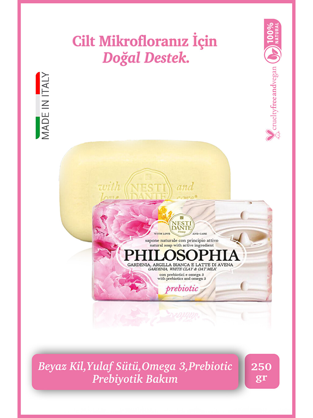 Philosophia Prebiotic Katı Sabun 250 gr |Beyaz Kil ,Omega 3 |Besleyici ve Nemlendirici| Banyo Sabunu