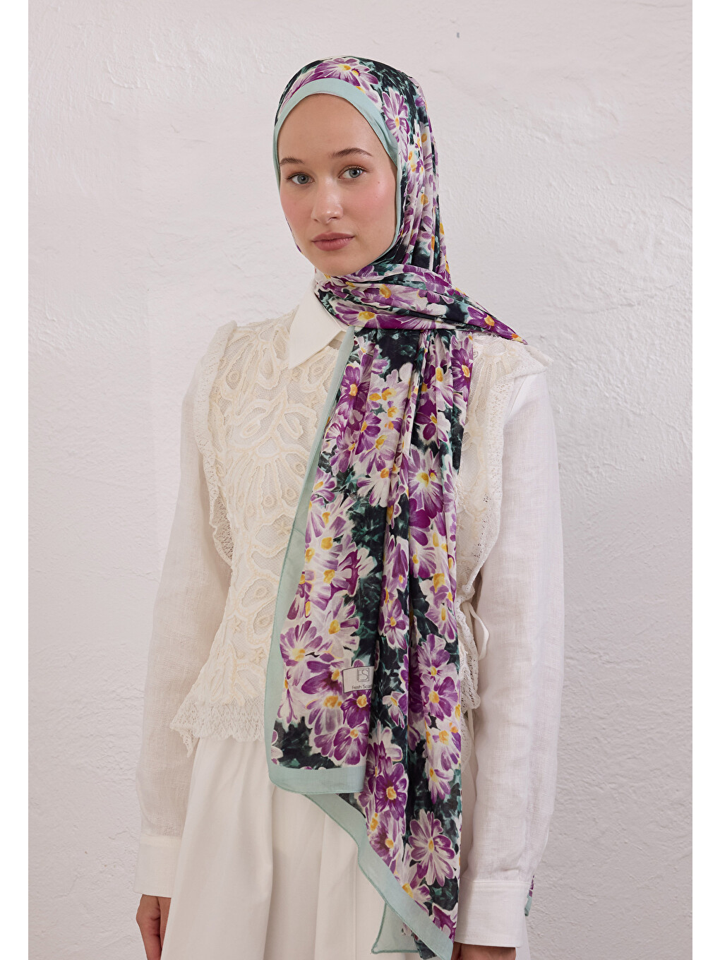 Yeşil Cherry Blossom Desen Rami Şal Nilüfer