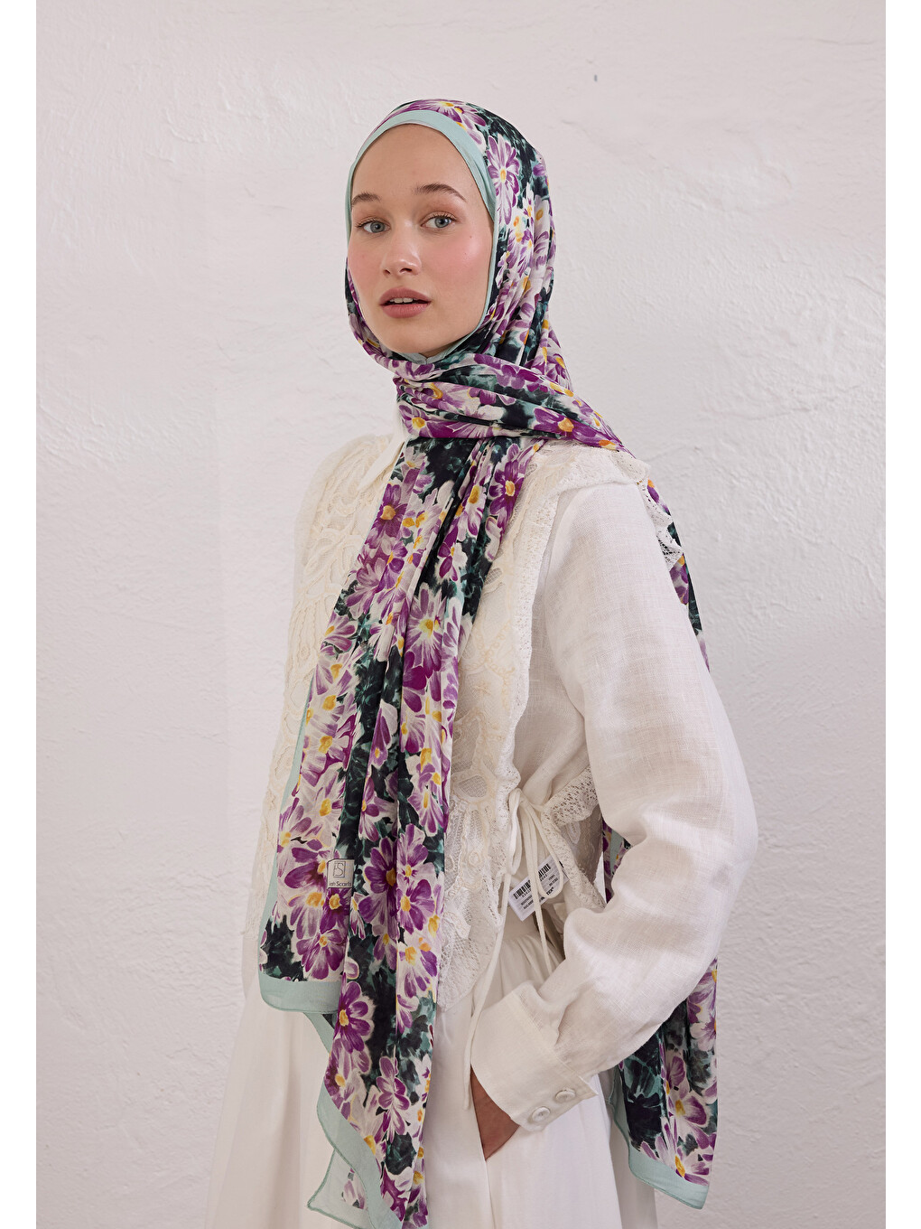 Yeşil Cherry Blossom Desen Rami Şal Nilüfer-2