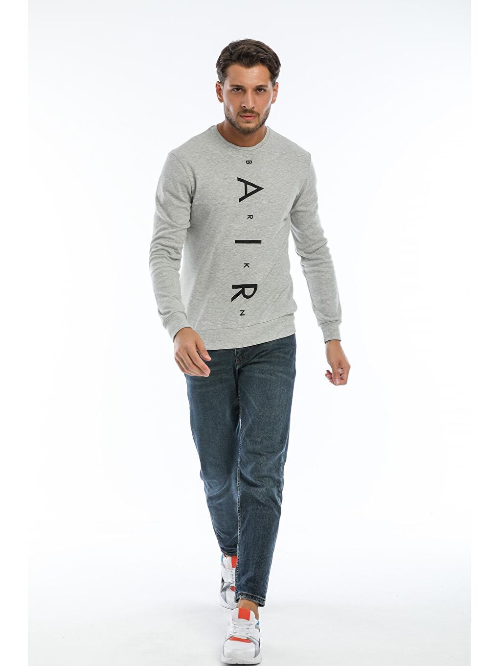 Gri Erkek Bisiklet Yaka Slim fit Air Baskılı İnce Sweatshirt SPR22sw101