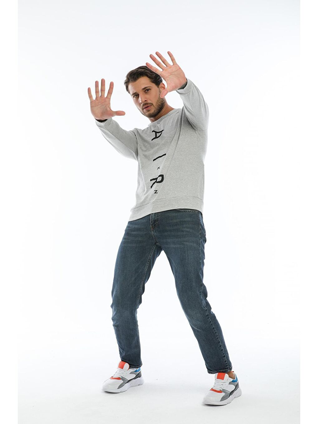 Gri Erkek Bisiklet Yaka Slim fit Air Baskılı İnce Sweatshirt SPR22sw101-1