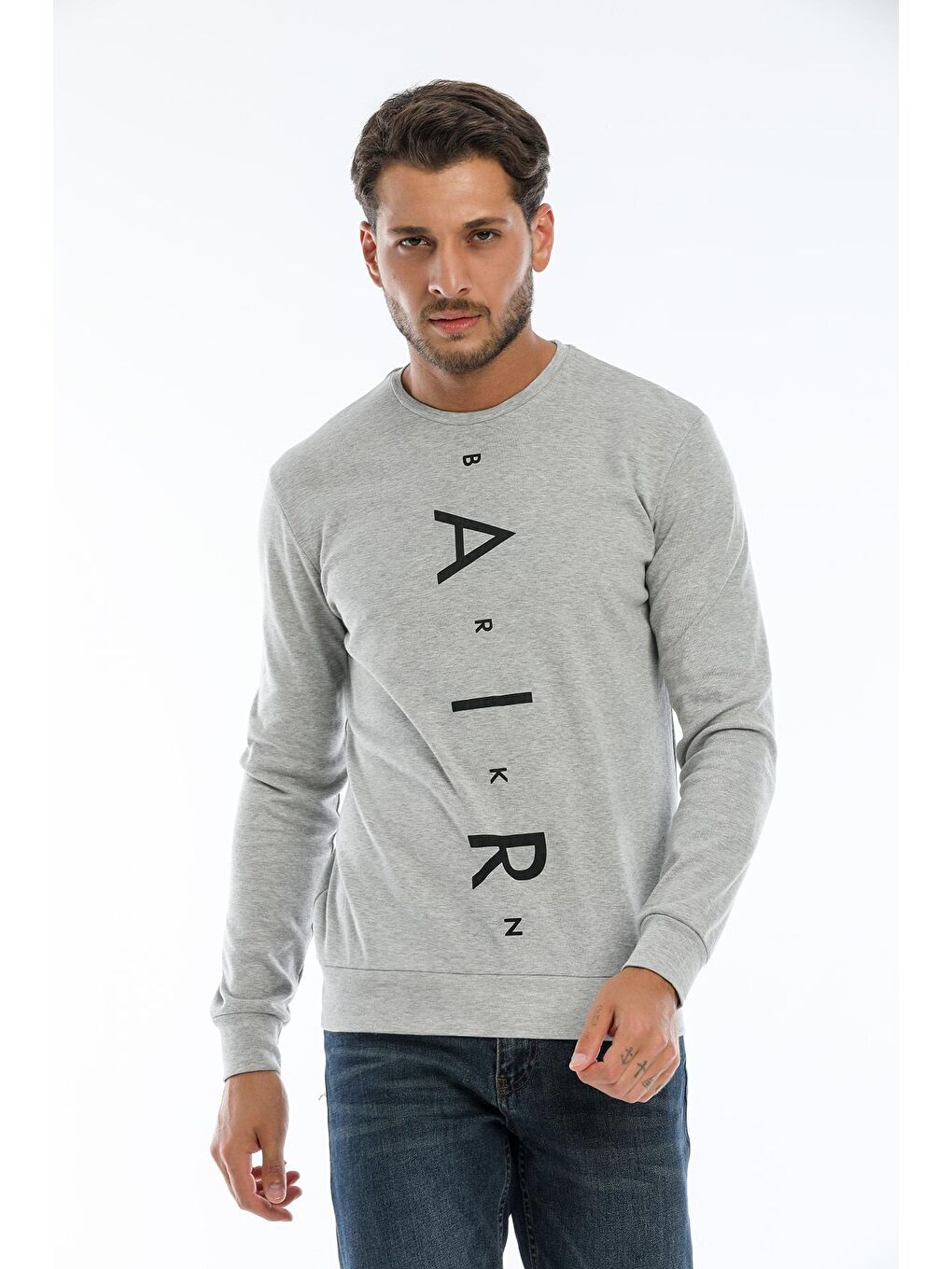 Gri Erkek Bisiklet Yaka Slim fit Air Baskılı İnce Sweatshirt SPR22sw101-2