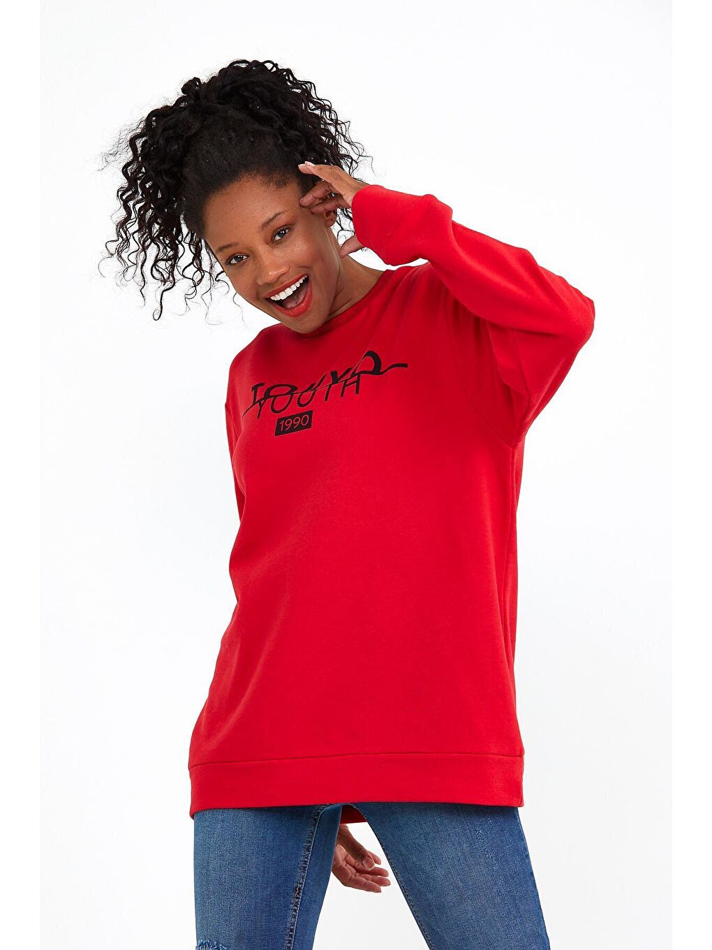 Kırmızı Kadın Bisiklet Yaka Regular Fit Tokya Baskılı İnce Sweatshirt SPR22SWK134-1