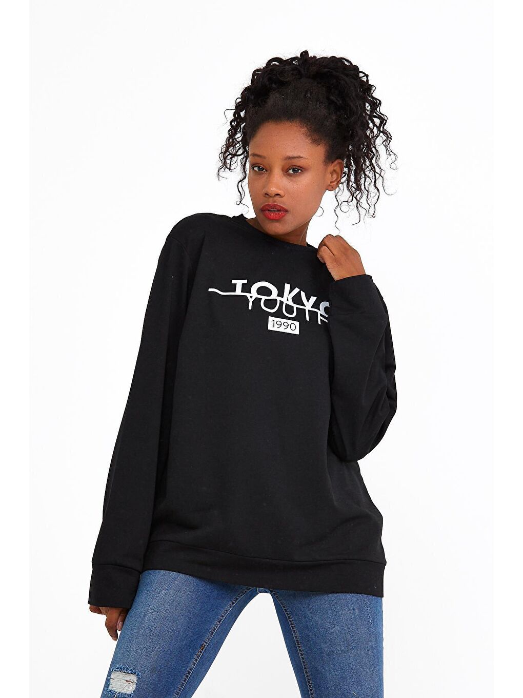 Siyah Kadın Bisiklet Yaka Regular Fit Tokya Baskılı İnce Sweatshirt SPR22SWK134-1