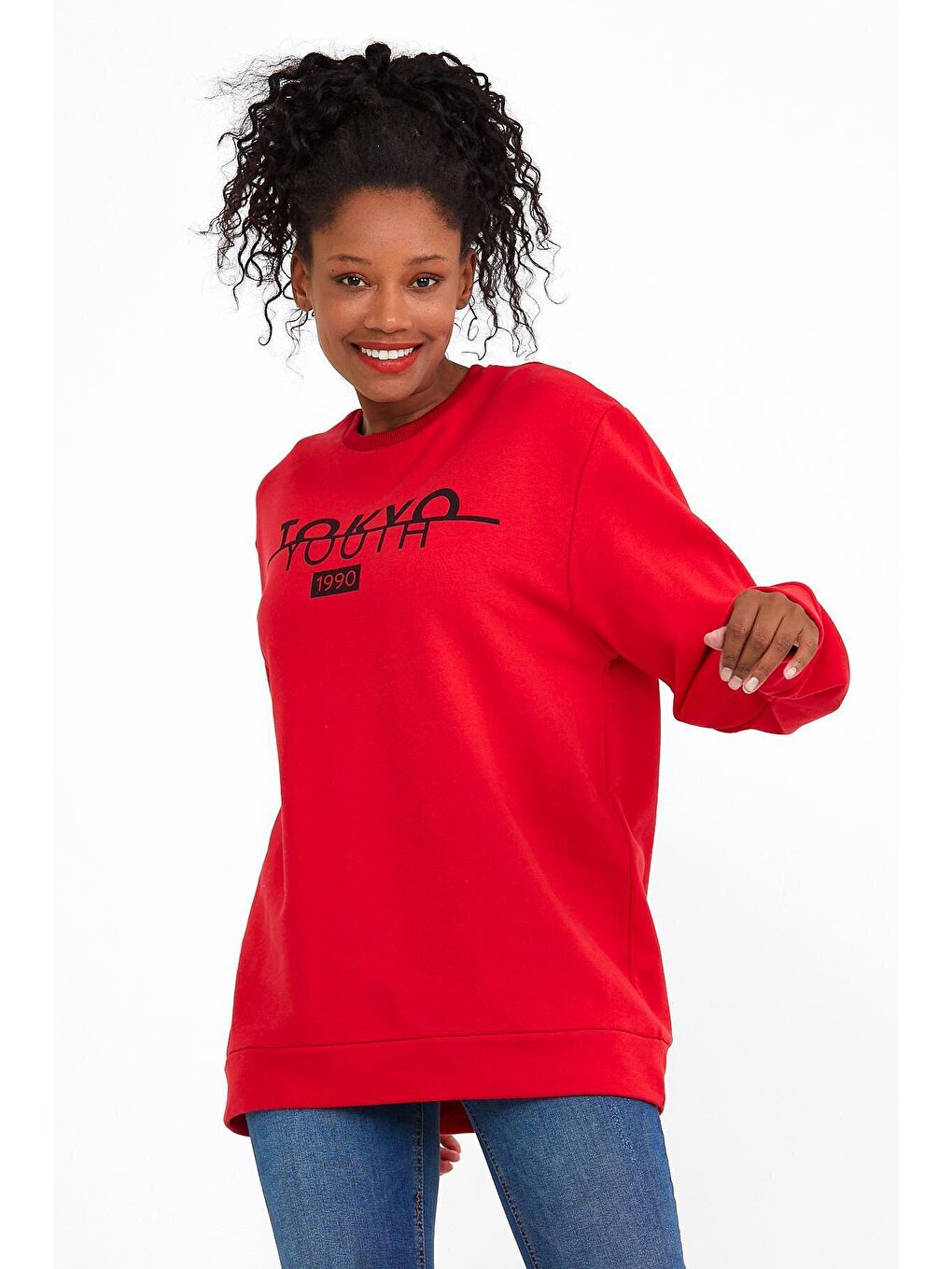 Kırmızı Kadın Bisiklet Yaka Regular Fit Tokya Baskılı İnce Sweatshirt SPR22SWK134-2