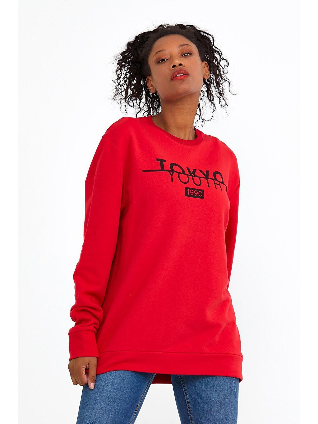 Kırmızı Kadın Bisiklet Yaka Regular Fit Tokya Baskılı İnce Sweatshirt SPR22SWK134-3