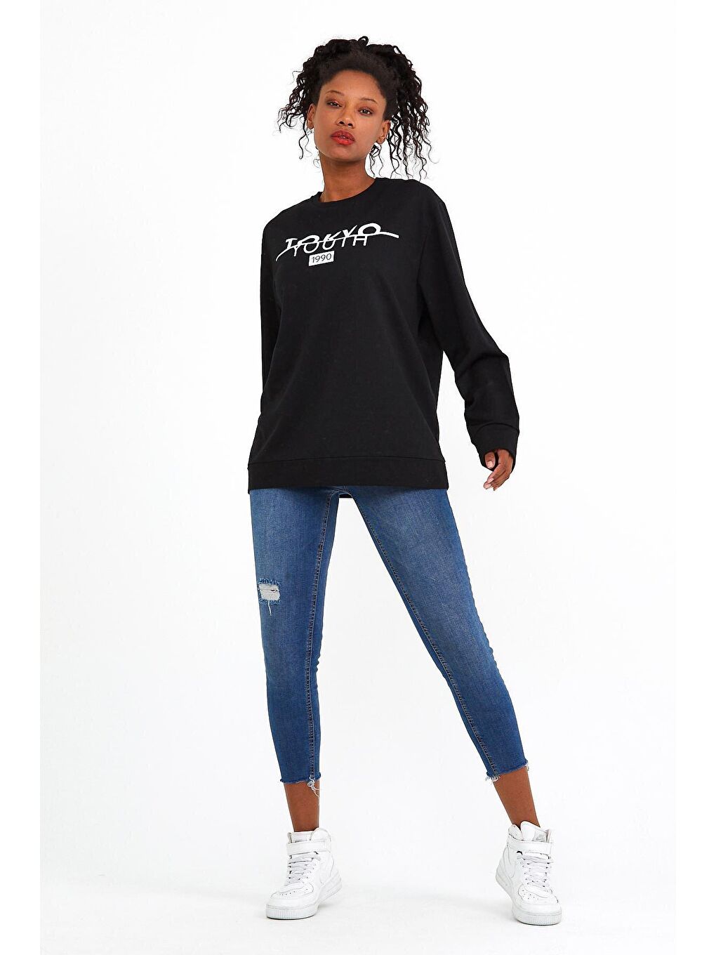 Siyah Kadın Bisiklet Yaka Regular Fit Tokya Baskılı İnce Sweatshirt SPR22SWK134-2