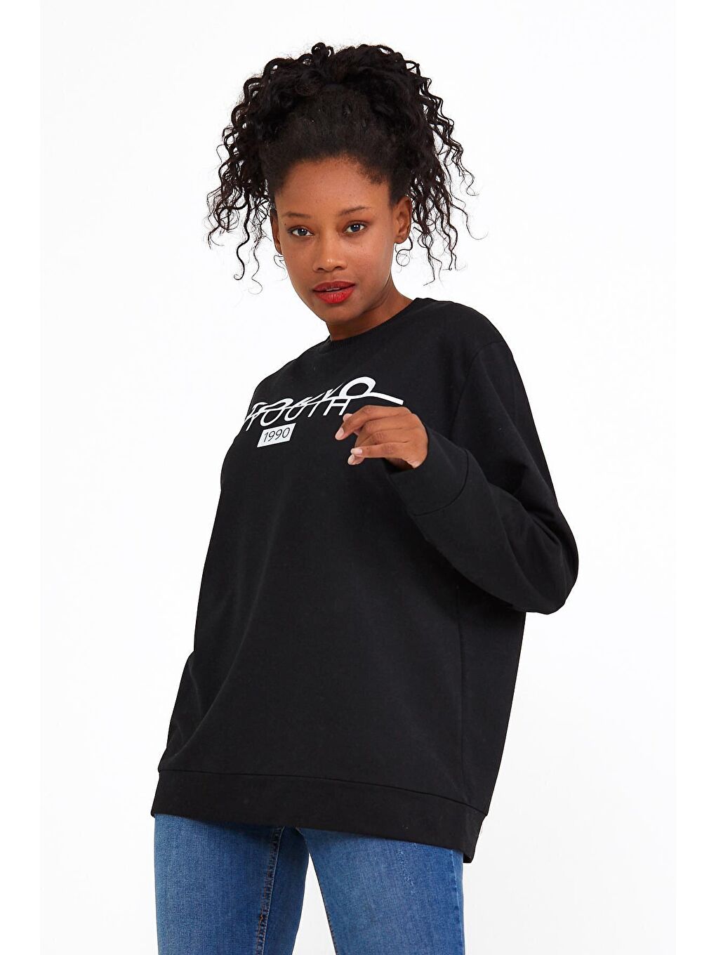 Siyah Kadın Bisiklet Yaka Regular Fit Tokya Baskılı İnce Sweatshirt SPR22SWK134-3