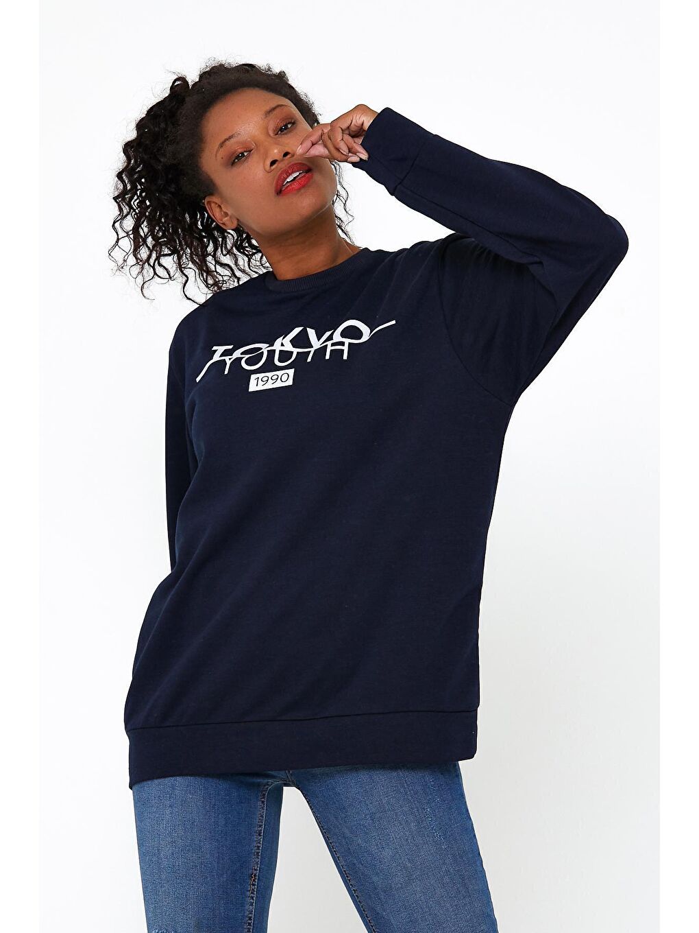 Lacivert Kadın Bisiklet Yaka Regular Fit Tokya Baskılı İnce Sweatshirt SPR22SWK134-1