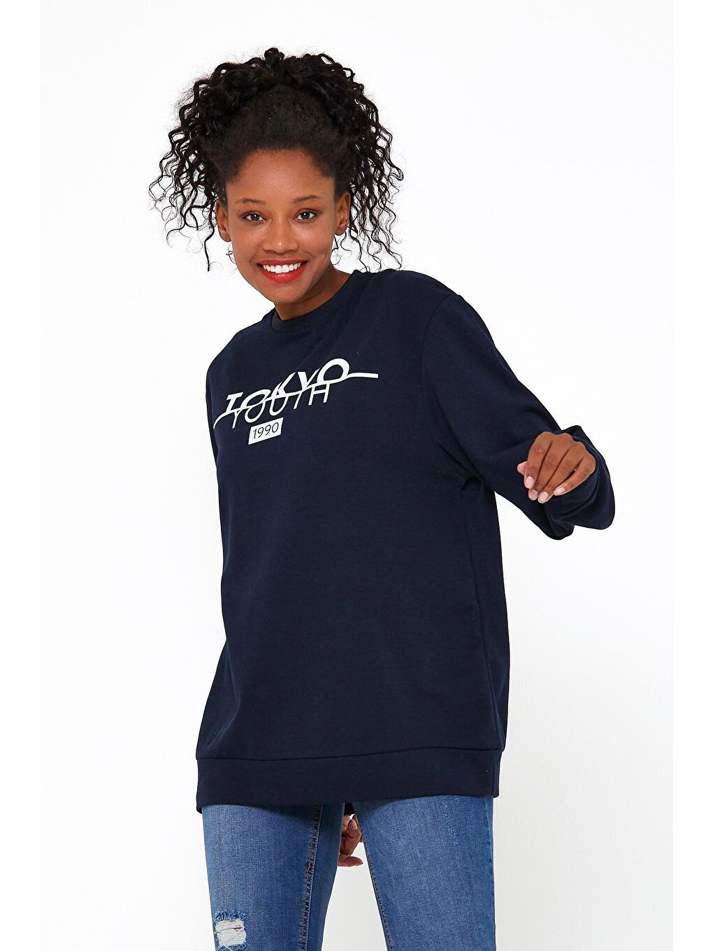 Lacivert Kadın Bisiklet Yaka Regular Fit Tokya Baskılı İnce Sweatshirt SPR22SWK134-2