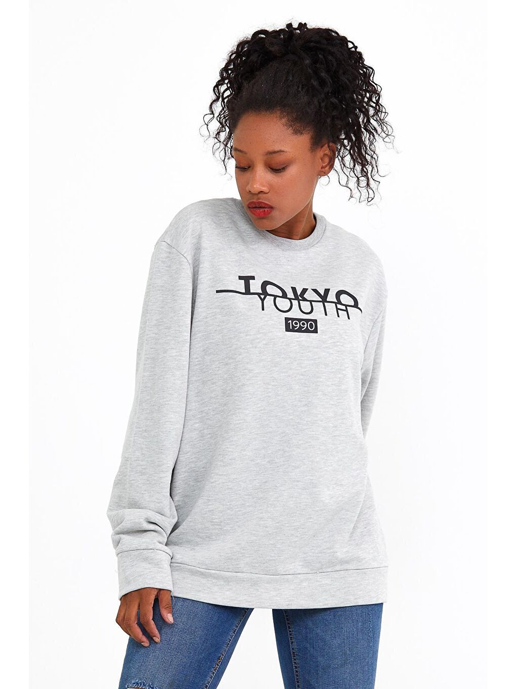 Gri Kadın Bisiklet Yaka Regular Fit Tokya Baskılı İnce Sweatshirt SPR22SWK134-1
