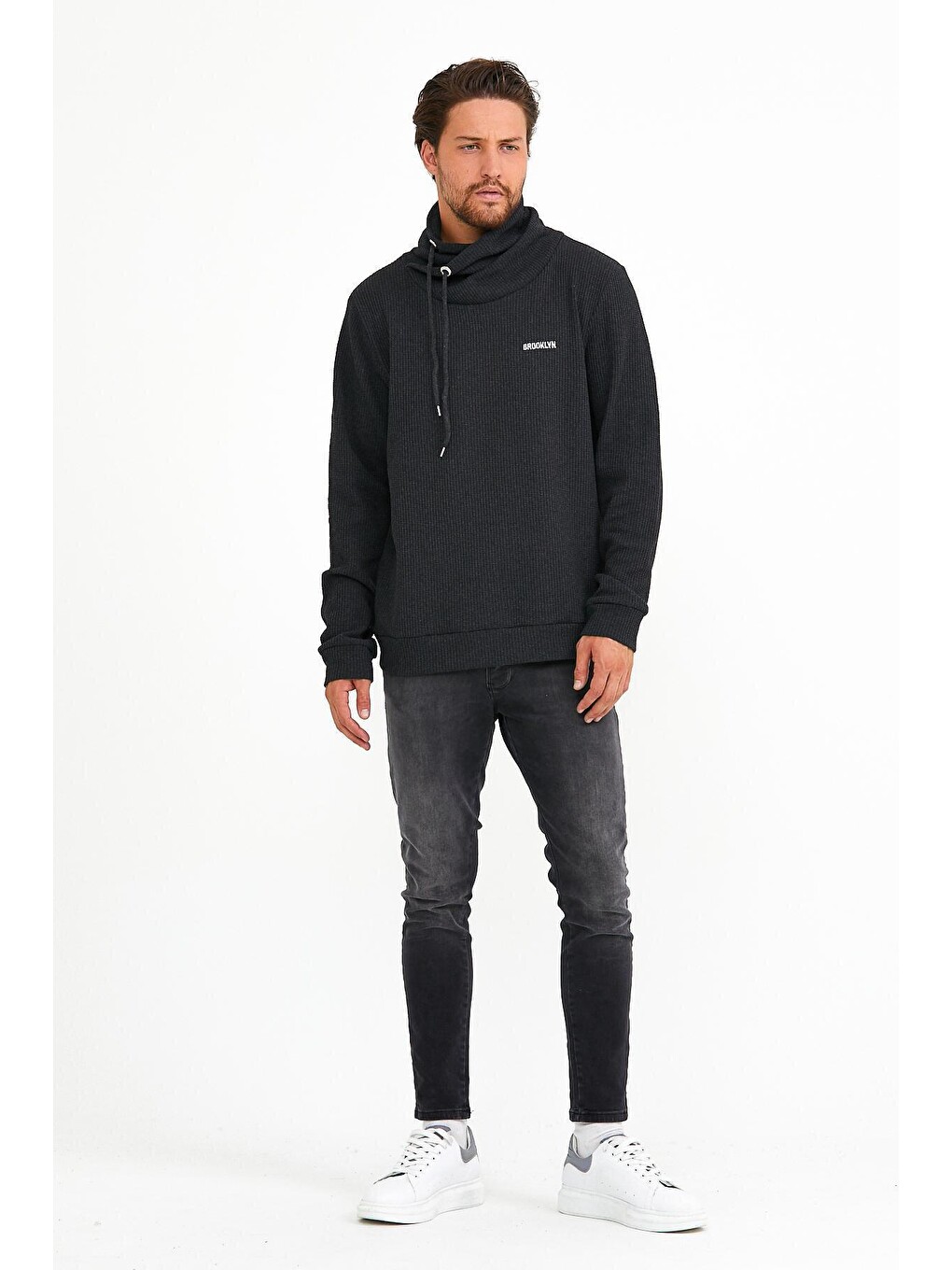 Antrasit Erkek Şal Yaka Regular Fit Brooklyn Baskılı İnce Sweatshirt Spr22sw143
