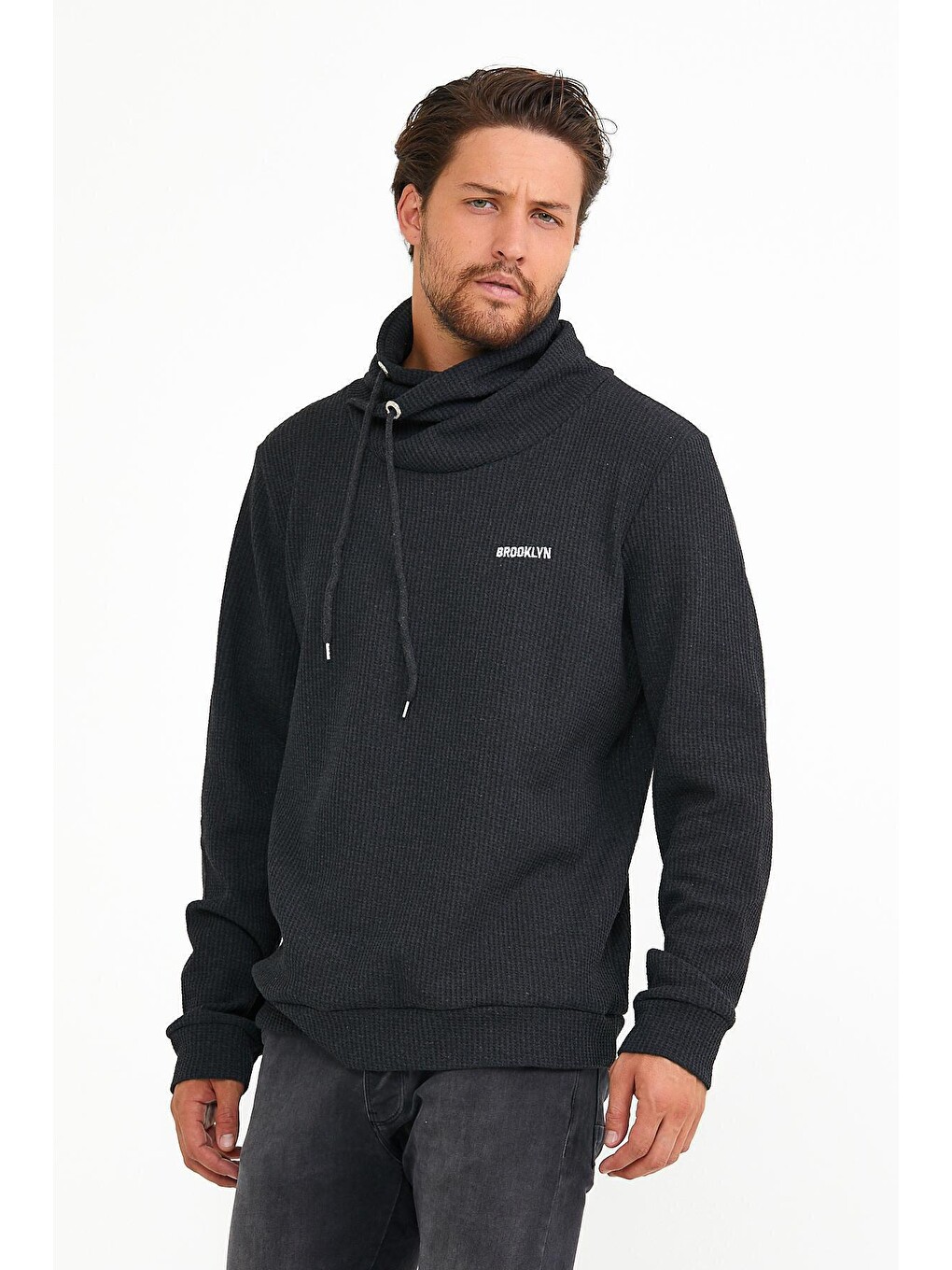Antrasit Erkek Şal Yaka Regular Fit Brooklyn Baskılı İnce Sweatshirt Spr22sw143-2