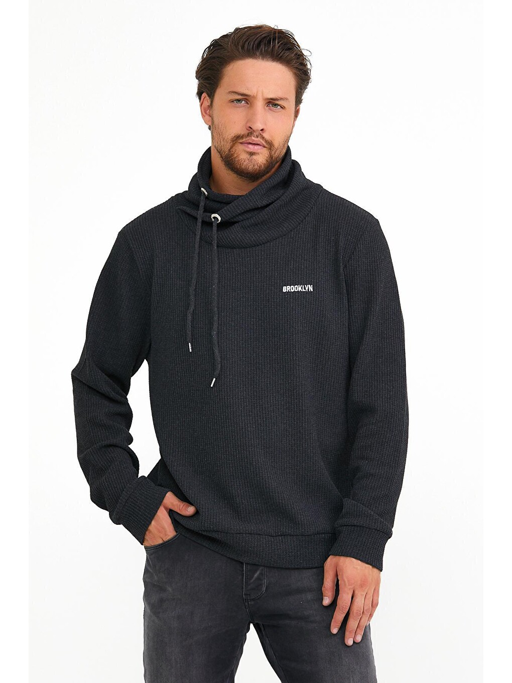 Antrasit Erkek Şal Yaka Regular Fit Brooklyn Baskılı İnce Sweatshirt Spr22sw143-4