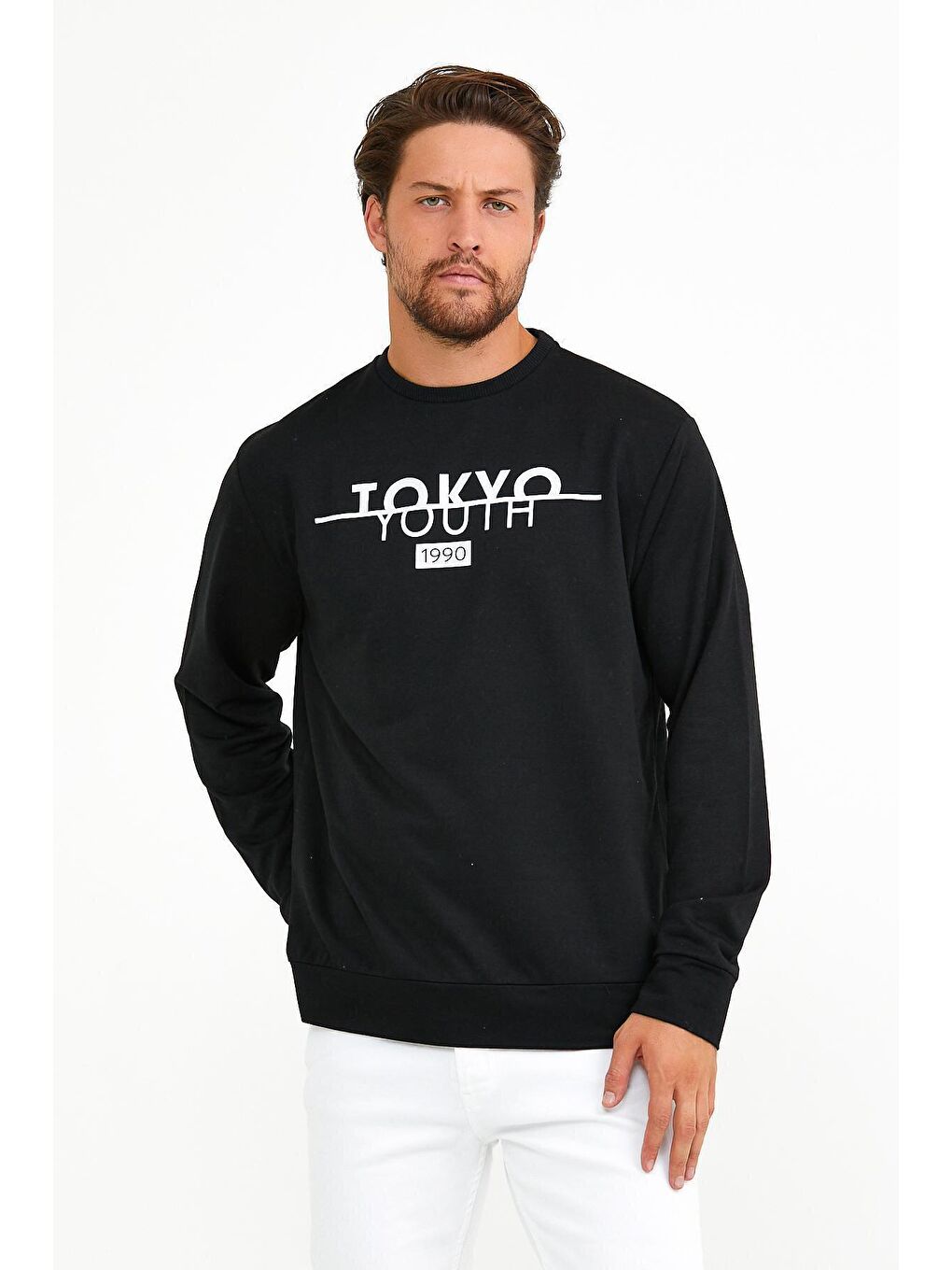 Siyah Erkek Bisiklet Yaka Regular Fit Tokyo Baskılı İnce Sweatshirt spr22sw134