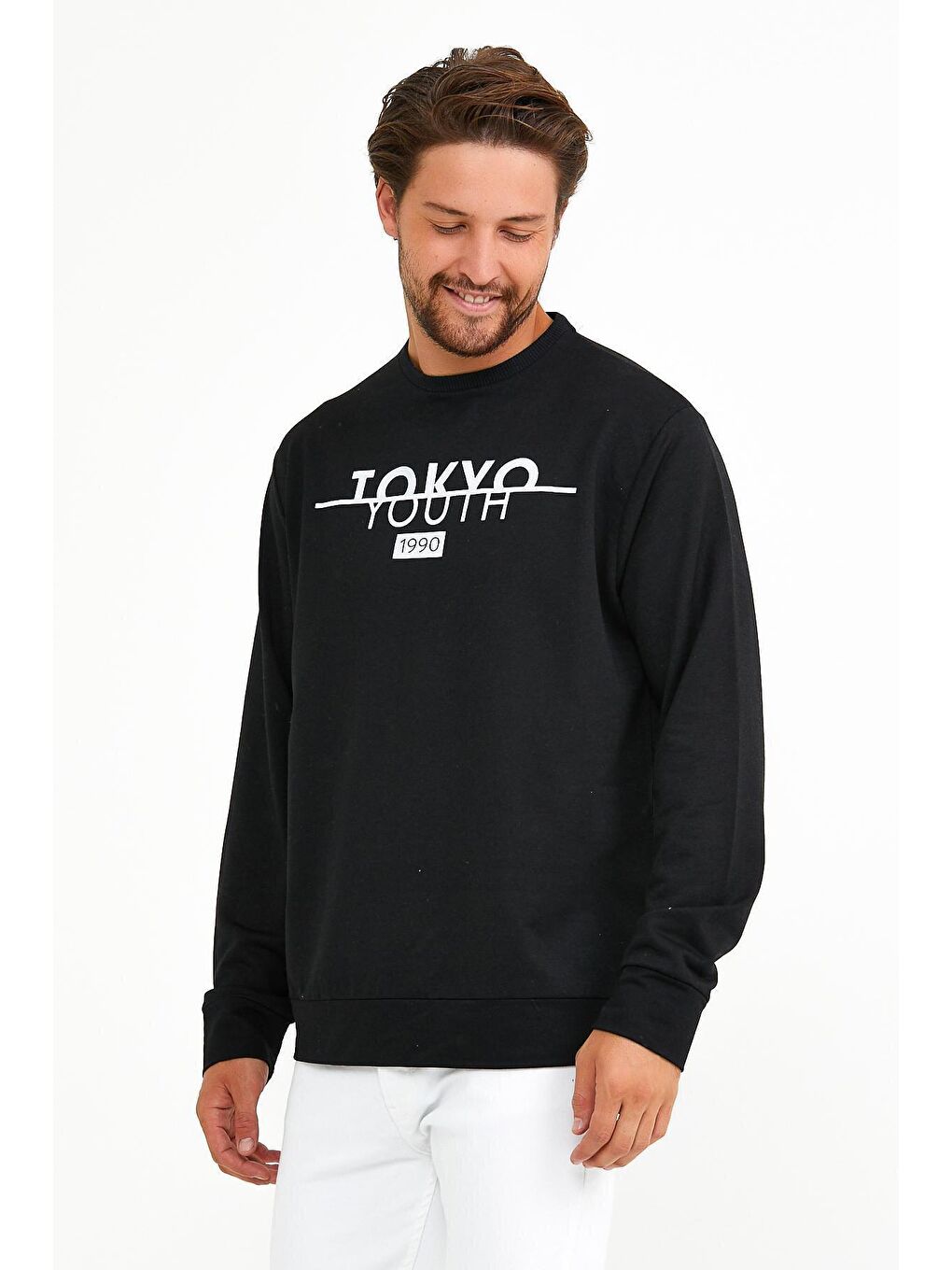 Siyah Erkek Bisiklet Yaka Regular Fit Tokyo Baskılı İnce Sweatshirt spr22sw134-1