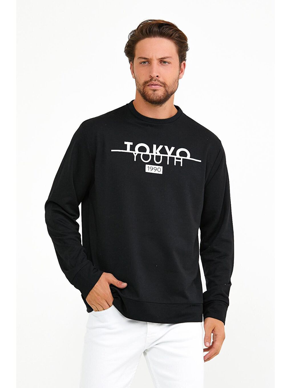 Siyah Erkek Bisiklet Yaka Regular Fit Tokyo Baskılı İnce Sweatshirt spr22sw134-2