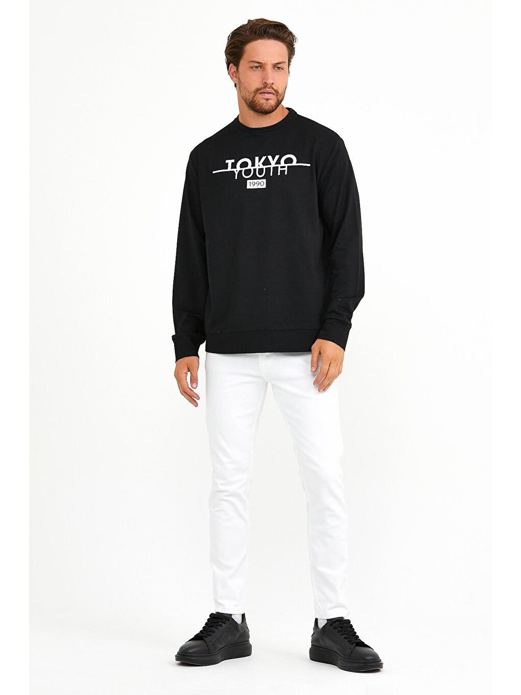 Siyah Erkek Bisiklet Yaka Regular Fit Tokyo Baskılı İnce Sweatshirt spr22sw134-3