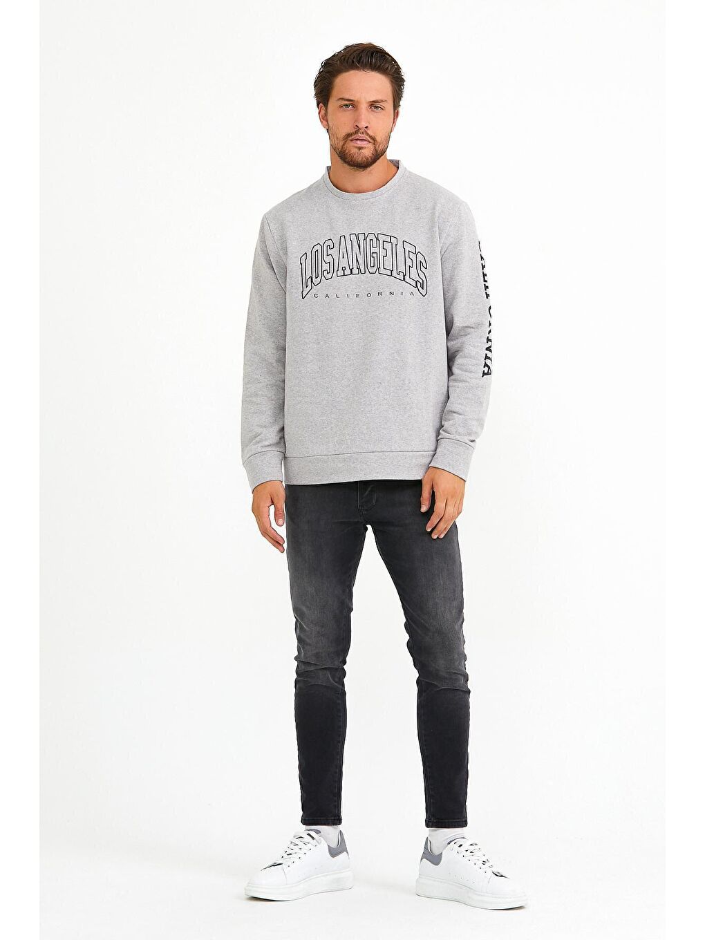 Gri Erkek Bisiklet Yaka Regular Fit Ön ve Kol Baskılı İnce Sweatshirt SPR22SW133