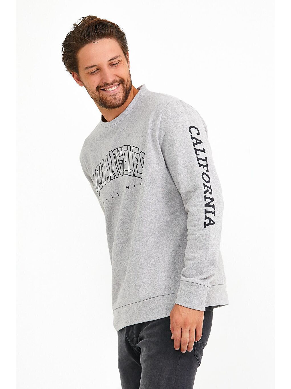 Gri Erkek Bisiklet Yaka Regular Fit Ön ve Kol Baskılı İnce Sweatshirt SPR22SW133-4