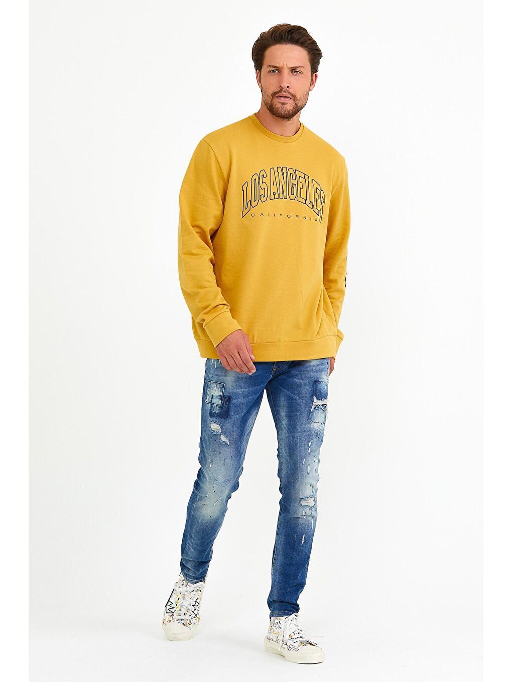 Sarı Erkek Bisiklet Yaka Regular Fit Ön ve Kol Baskılı İnce Sweatshirt SPR22SW133