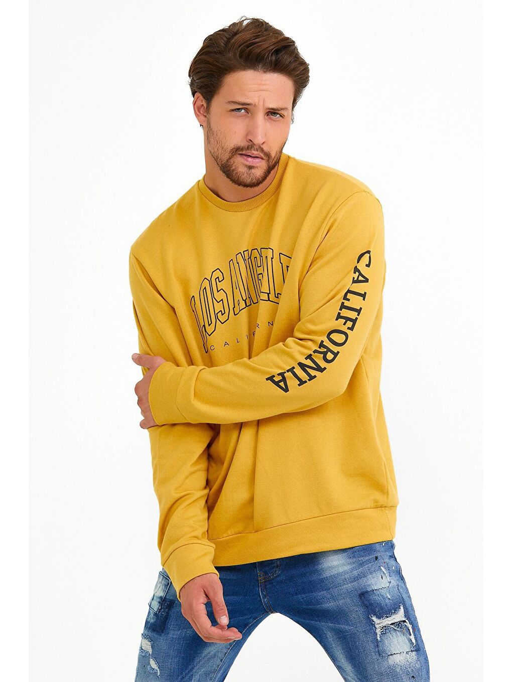 Sarı Erkek Bisiklet Yaka Regular Fit Ön ve Kol Baskılı İnce Sweatshirt SPR22SW133-1