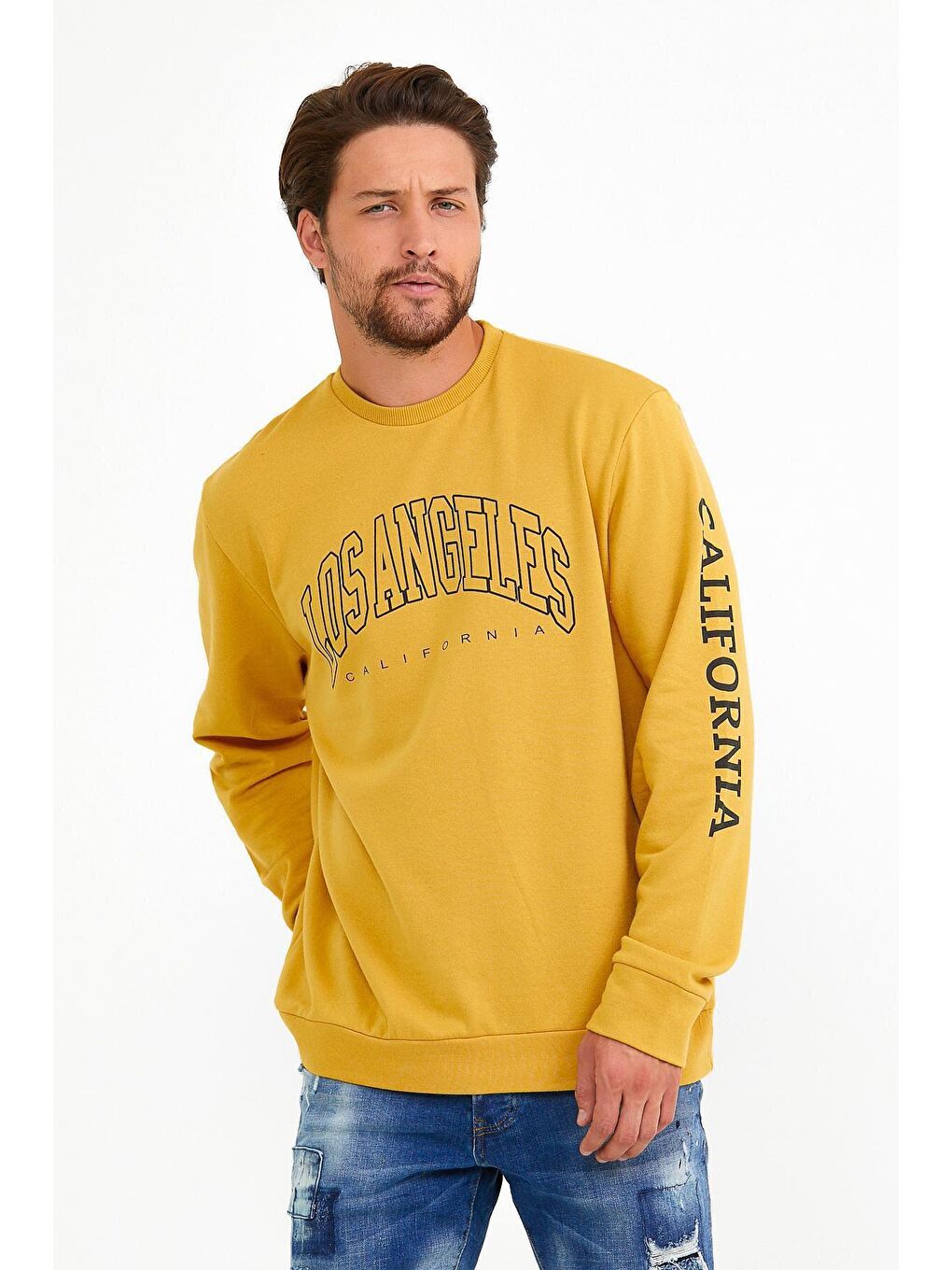 Sarı Erkek Bisiklet Yaka Regular Fit Ön ve Kol Baskılı İnce Sweatshirt SPR22SW133-2