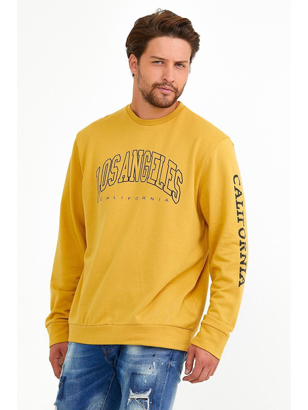 Sarı Erkek Bisiklet Yaka Regular Fit Ön ve Kol Baskılı İnce Sweatshirt SPR22SW133-3