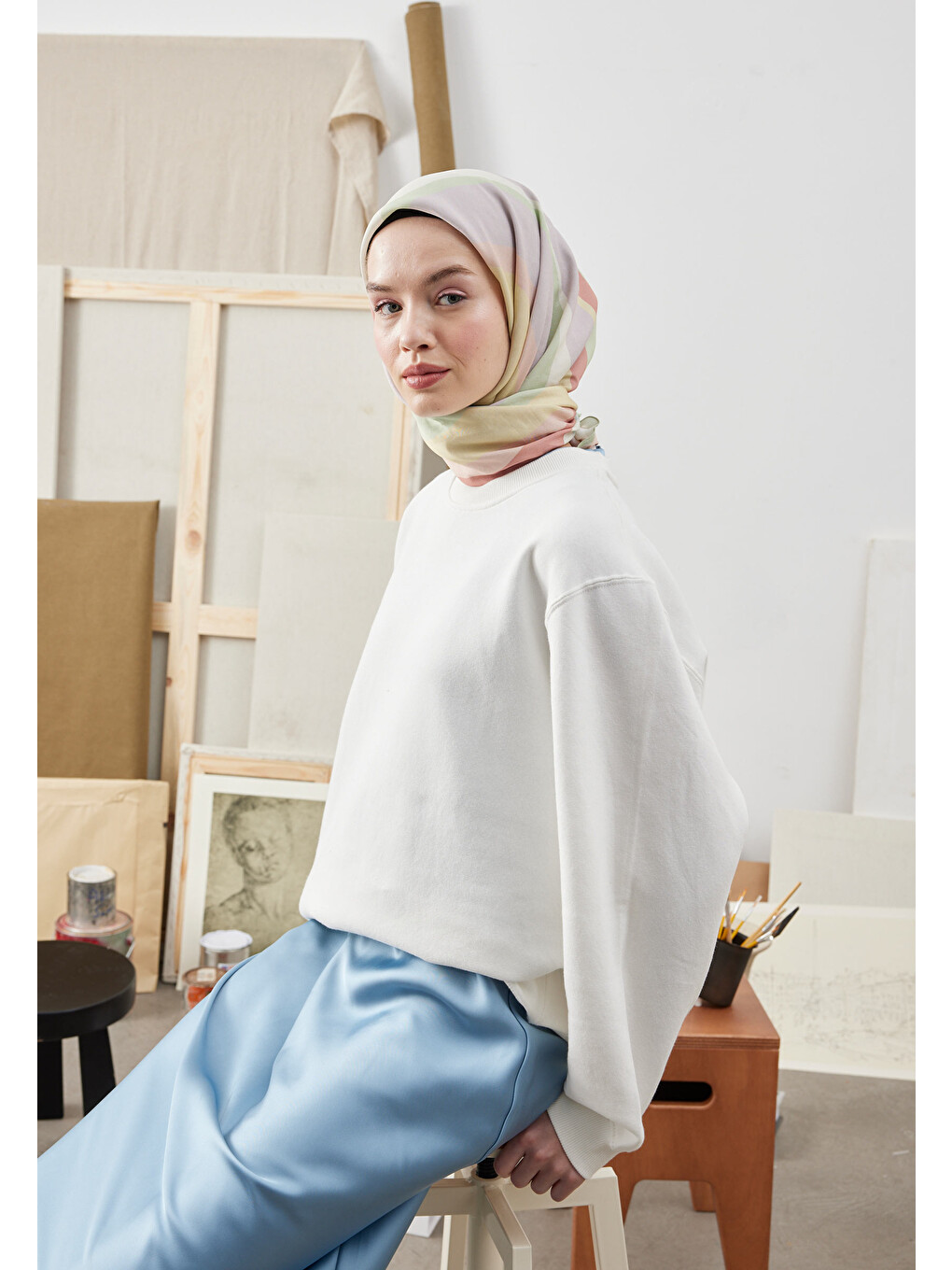 Color Mıx Desen Pamuk İpek Eşarp Soft Pembe