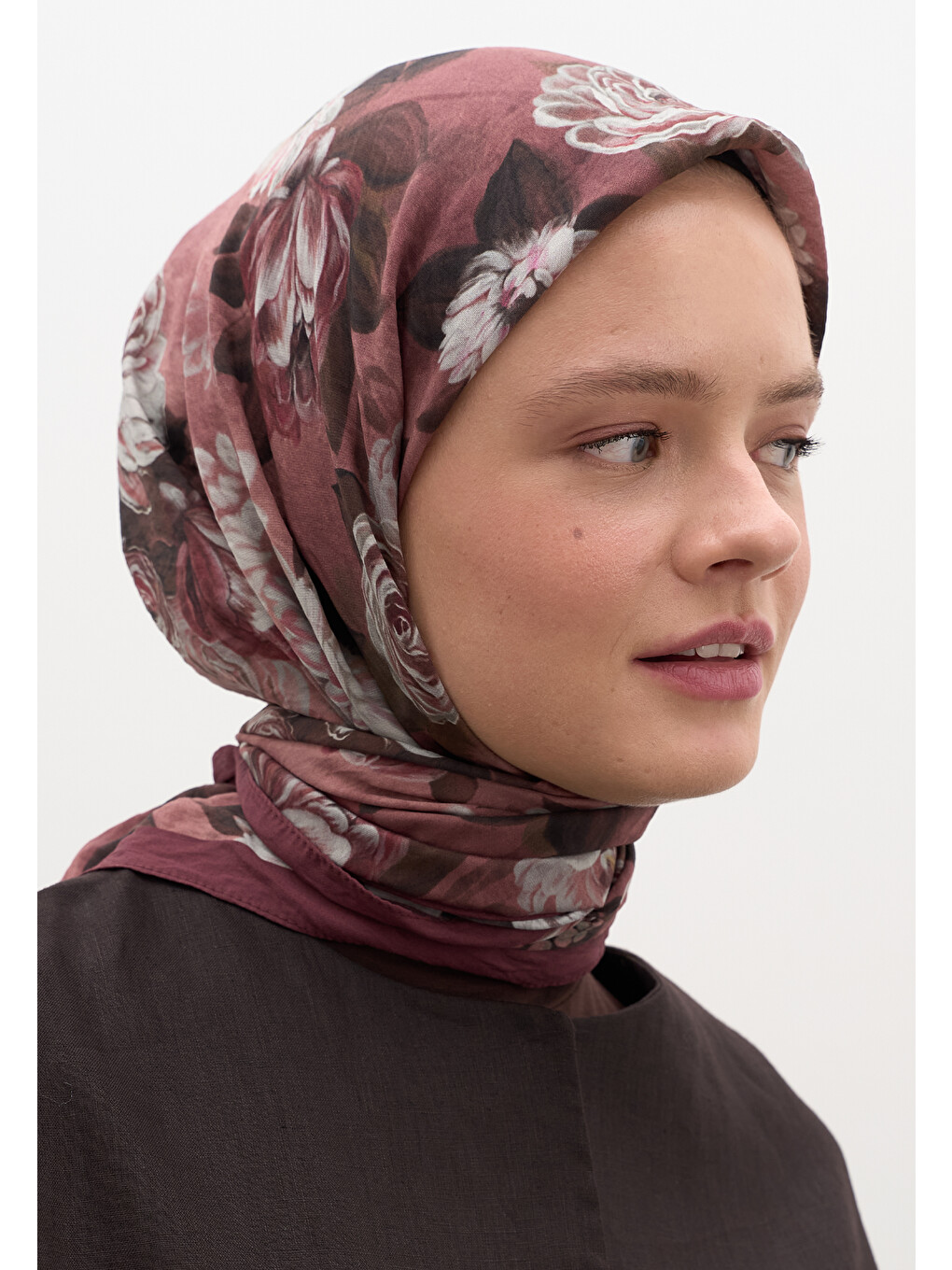 Magnolıa Desen Pamuklu Viskon Eşarp Bordo-3