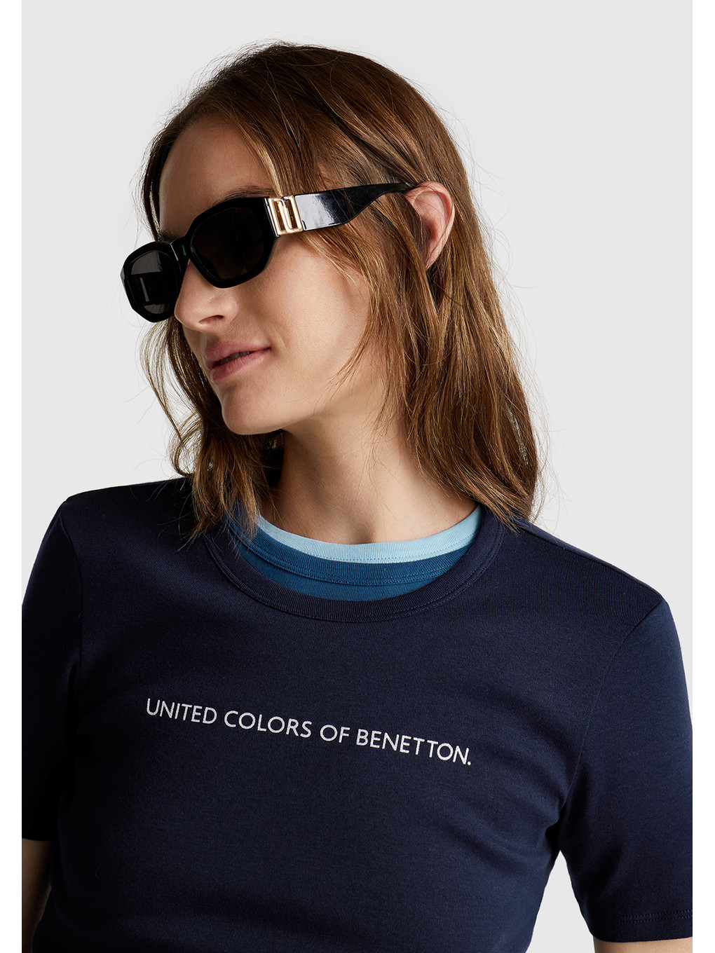 Kadın Lacivert 100 Pamuk Benetton Yazılı Basic T Shirt-4