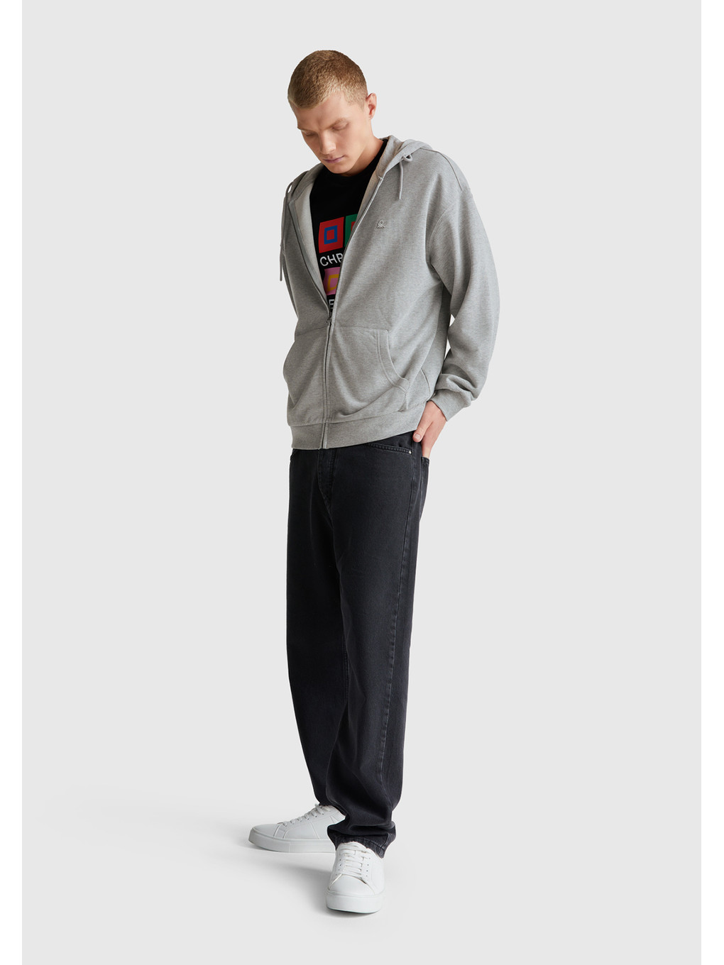Gri Melanj 100 Pamuk Dar Kesim Kapüşonlu %100 Pamuk Erkek Fermuarlı Sweatshirt Hırka-4