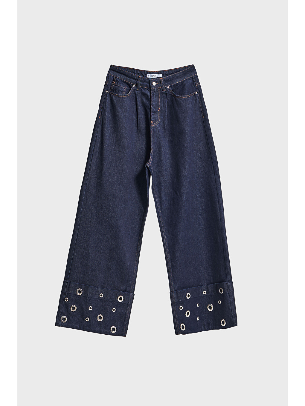 Kadın İndigo Renk 7w5-50 Süper Baggy Fit Özel Viskon Kumaş Kuş Gözü Detaylı Denim Jean
