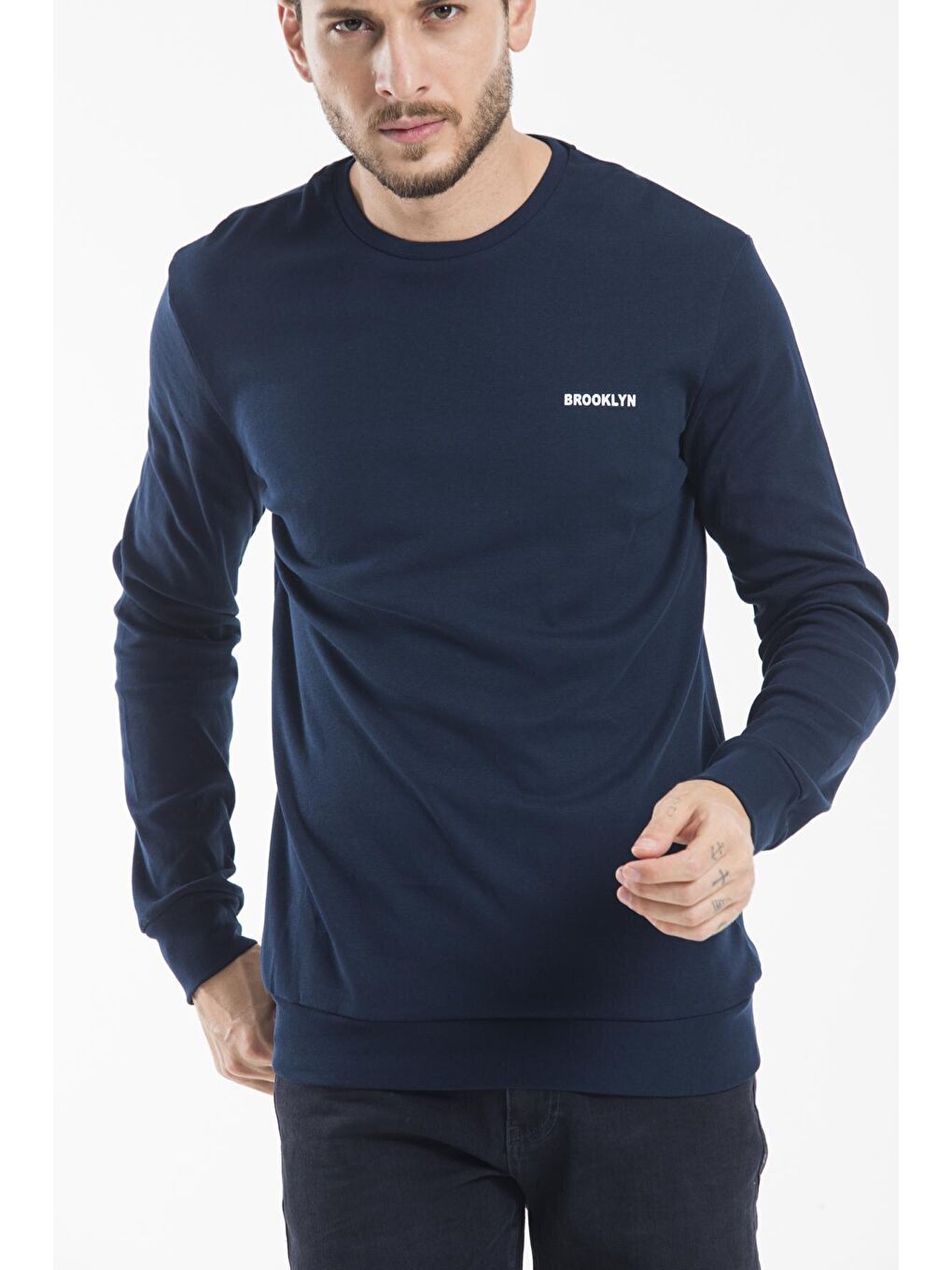 Süperlife Lacivert Bisiklet Yaka Uzun Kollu Dar Kalıp İnce Erkek Sweatshirt SPR2019K18 - 1