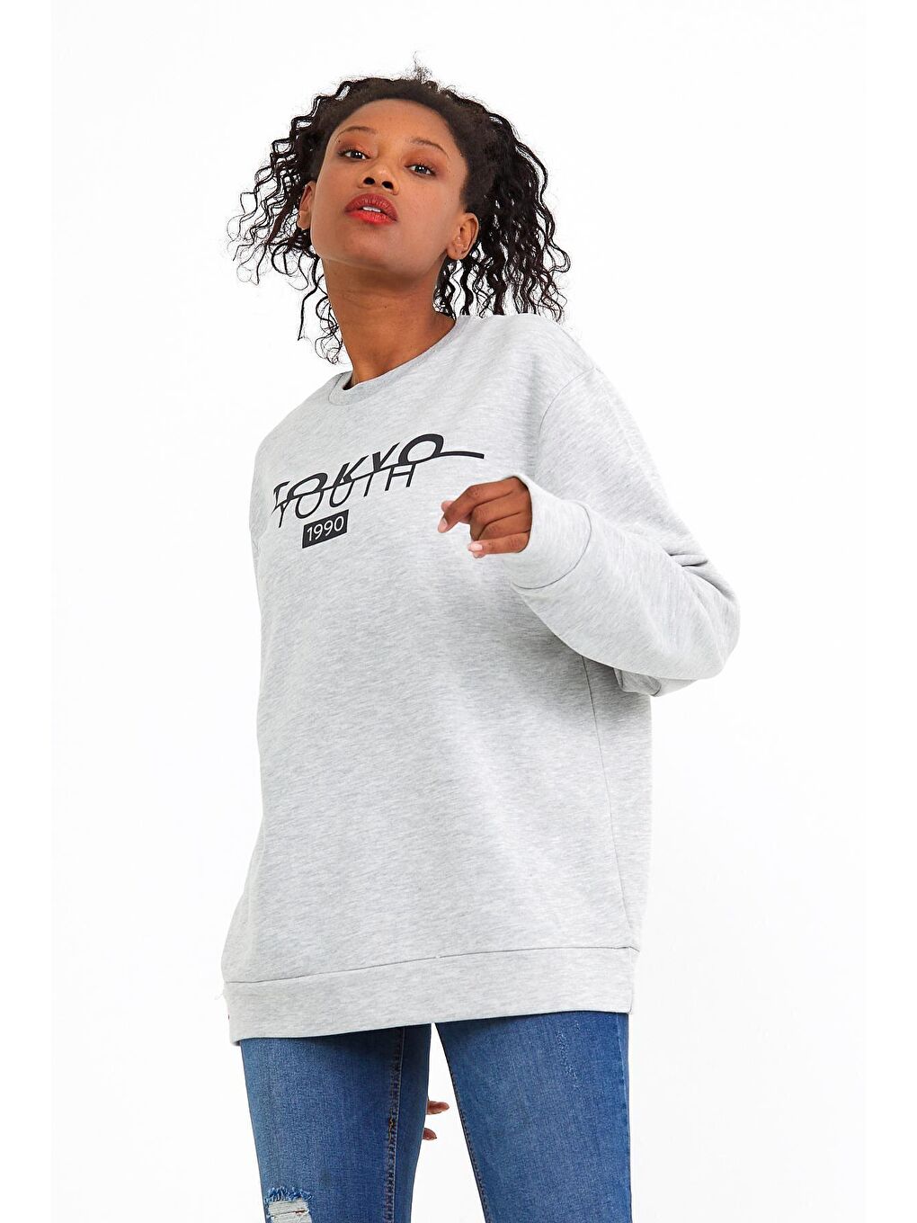 Süperlife Açık Gri Kadın Bisiklet Yaka Oversize Fit Tokya Baskılı İnce Sweatshirt SPR22SWK134