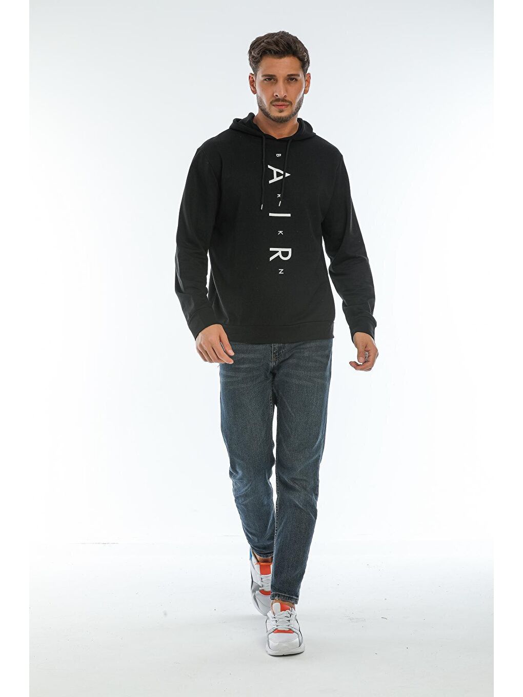 Süperlife Siyah Erkek Kapşonlu Regular Fit Air Baskılı İnce Sweatshirt SPR22SW162