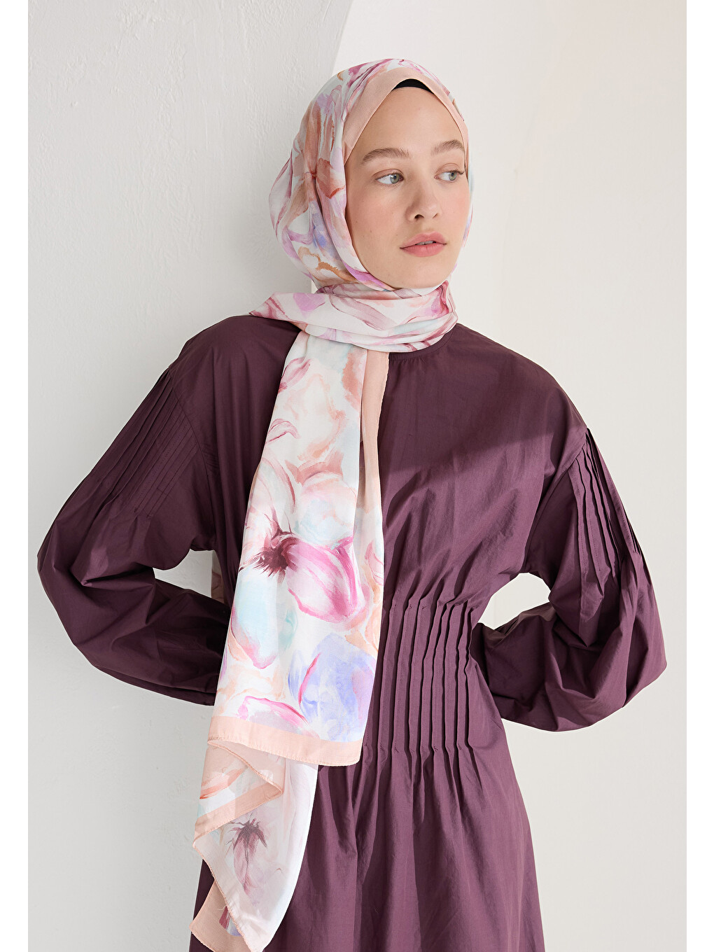 Pembe Soft Flora Floş Viskon Şal Somon