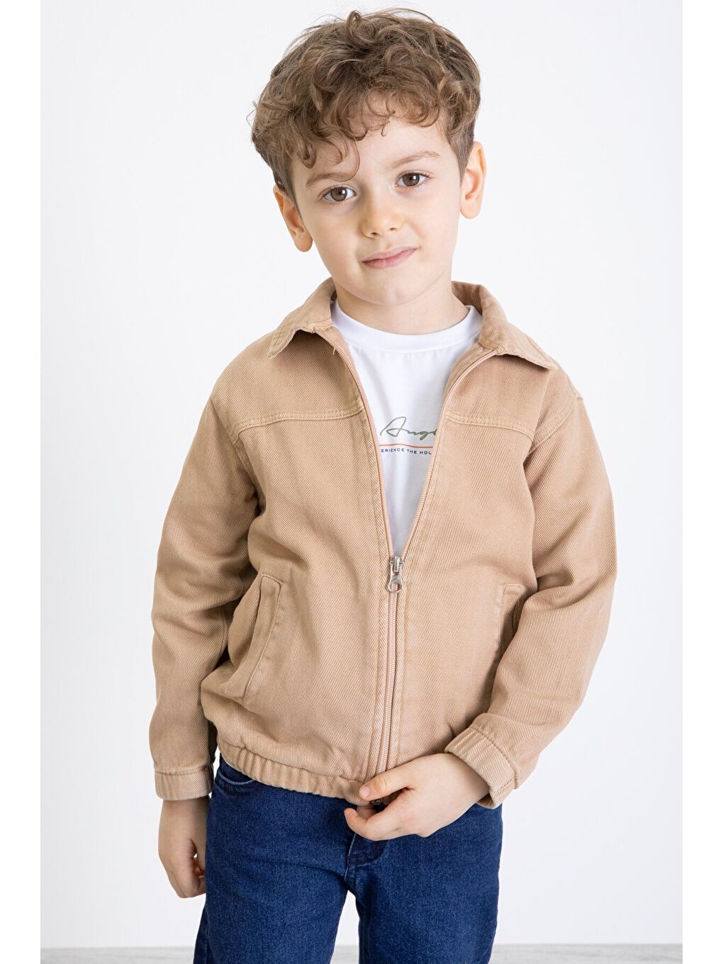Kahverengi Kahve Fermuarlı Jean Ceketli ve Pantolonlu Erkek Çocuk 3l'ü Takım 20356-1