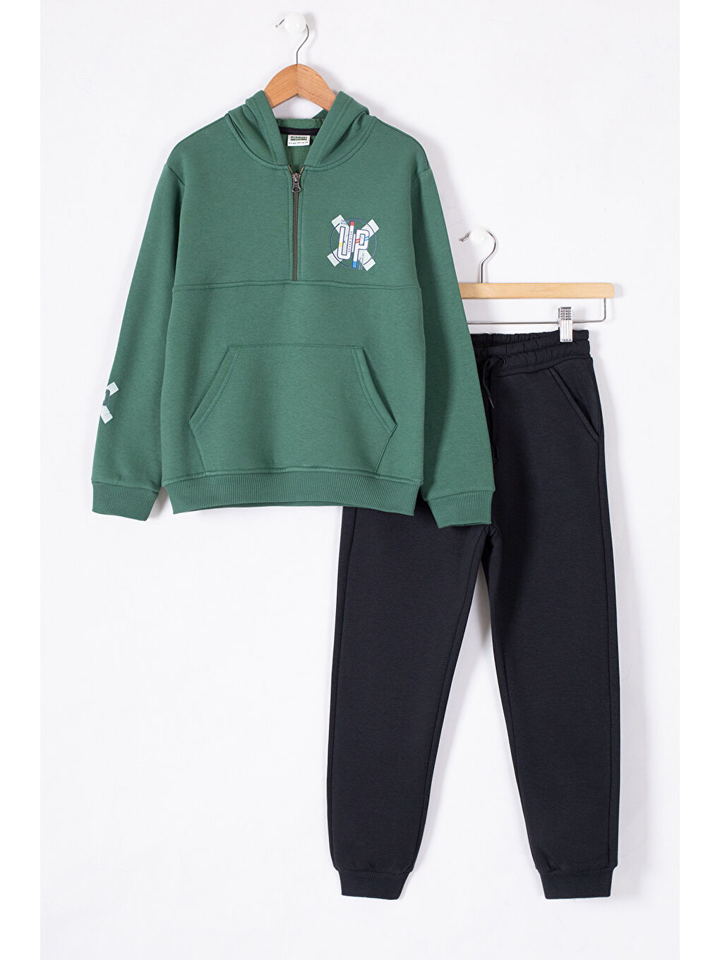 Yeşil Fermuarlı Yaka Kapüşonlu Erkek Çocuk Şardonlu Eşofman Takımı 19620-1
