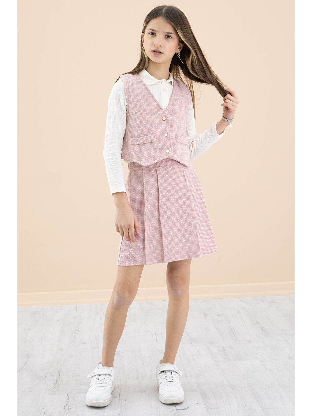 Pembe Simli Yelekli Etekli Kız Çocuk Gömlekli 3lü Takım 20234-1