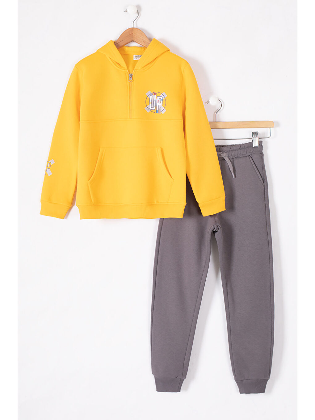 Sarı Hardal Fermuarlı Yaka Kapüşonlu Erkek Çocuk Şardonlu Eşofman Takımı 19618-1