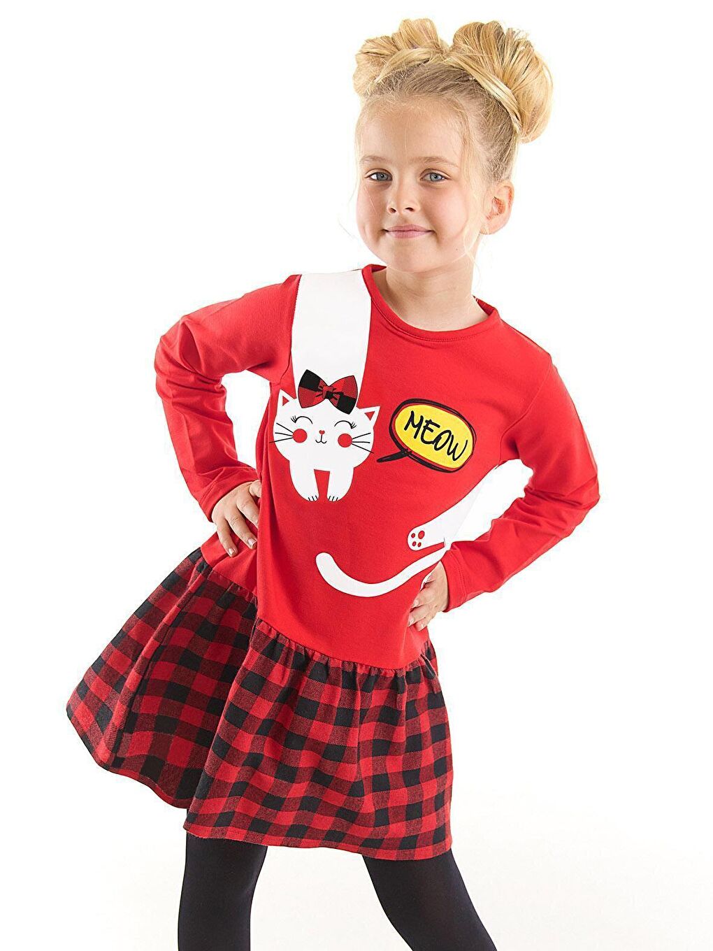 Karışık Beyaz Kedi Kız Çocuk Kırmızı Ekose Elbise