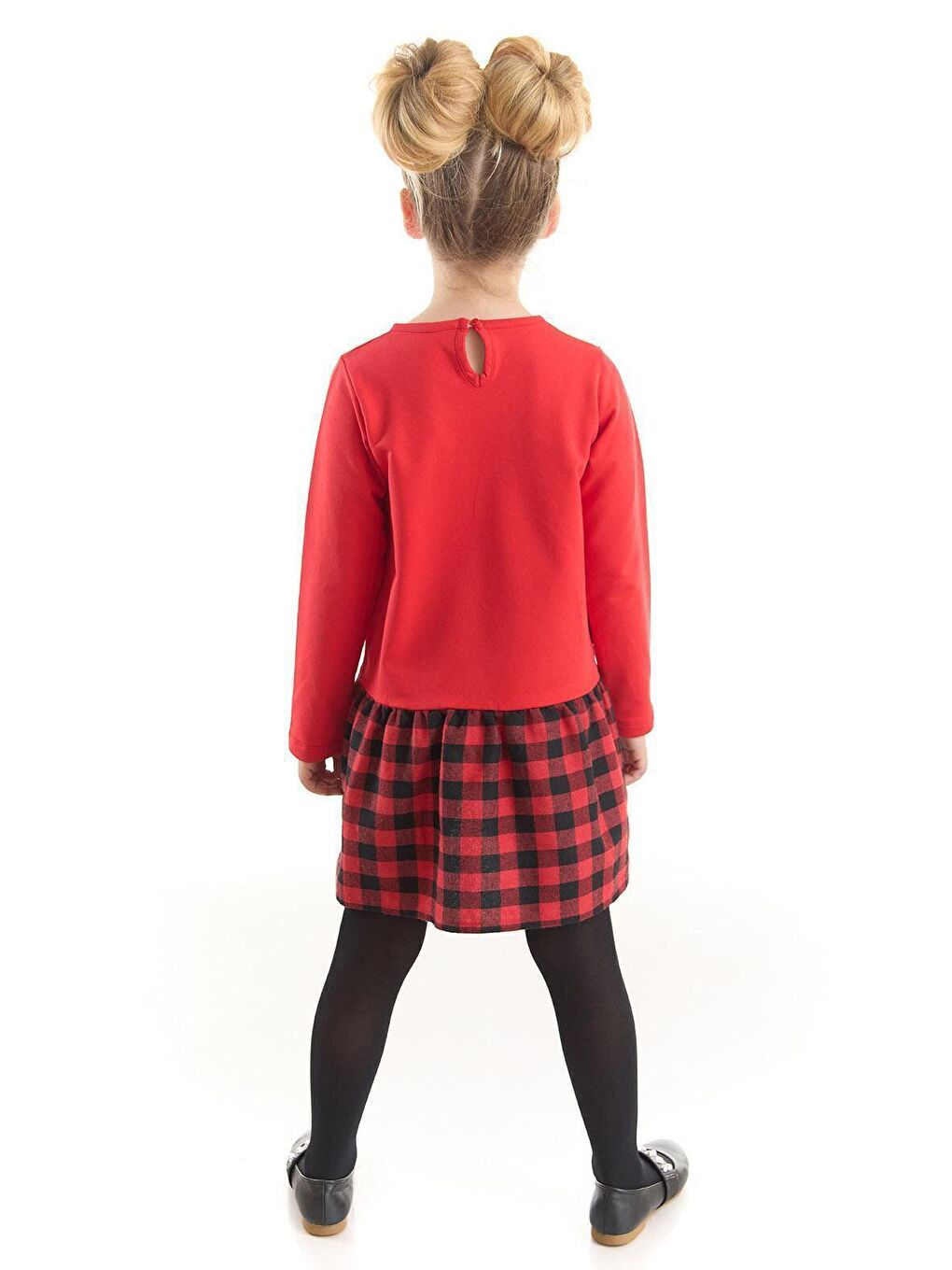 Karışık Beyaz Kedi Kız Çocuk Kırmızı Ekose Elbise-1