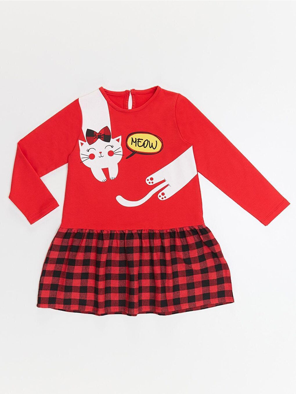 Karışık Beyaz Kedi Kız Çocuk Kırmızı Ekose Elbise-2