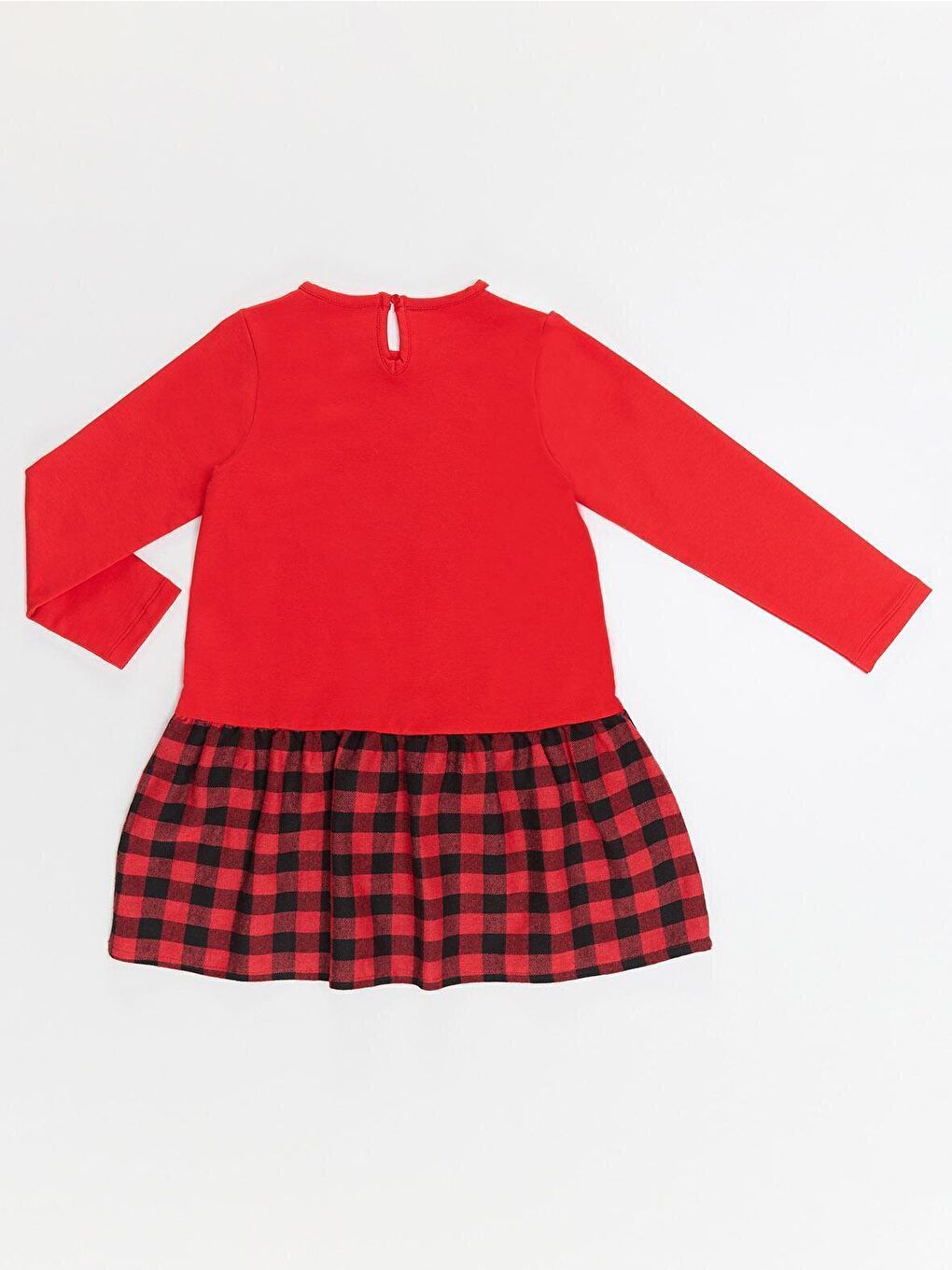 Karışık Beyaz Kedi Kız Çocuk Kırmızı Ekose Elbise-3