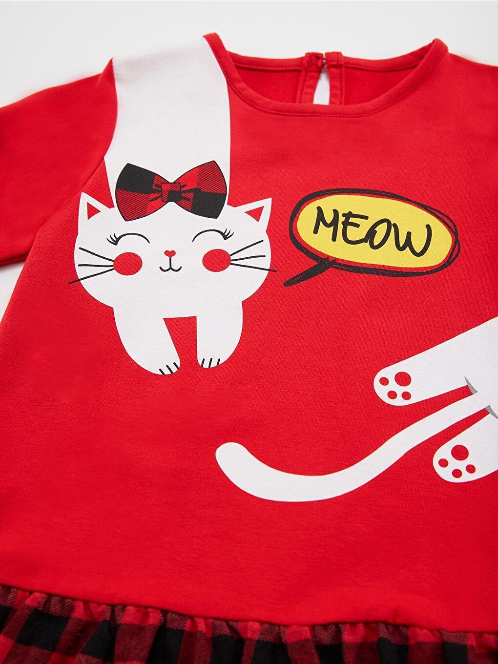 Karışık Beyaz Kedi Kız Çocuk Kırmızı Ekose Elbise-4