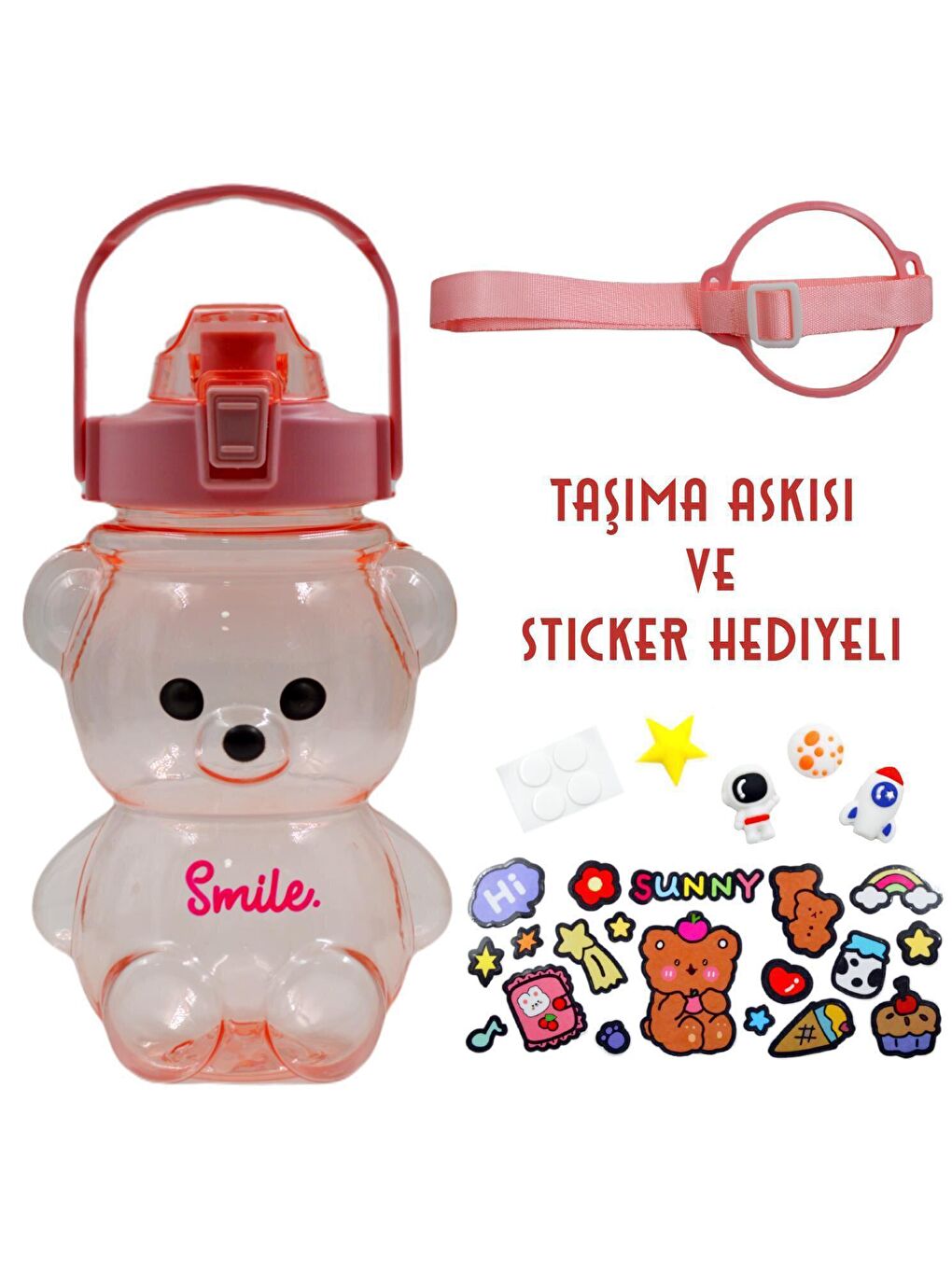 BottleBoss Pembe Pipetli Taşıma Askılı Gülümseyen Ayıcık Matara 1,5 Litre Sticker HEDİYELİ Pembe - 1