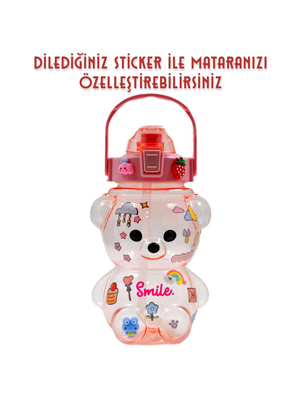 BottleBoss Pembe Pipetli Taşıma Askılı Gülümseyen Ayıcık Matara 1,5 Litre Sticker HEDİYELİ Pembe - 4