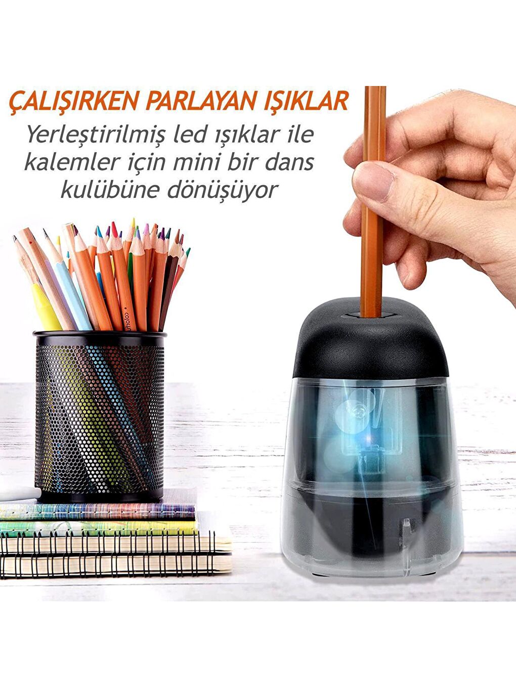 Led Işıklı Otomatik Kalemtıraş (TY34-LED) Siyah + AA Pil-1