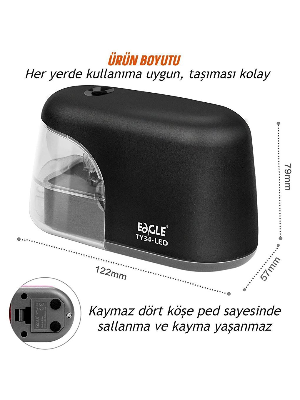 Led Işıklı Otomatik Kalemtıraş (TY34-LED) Siyah + AA Pil-2